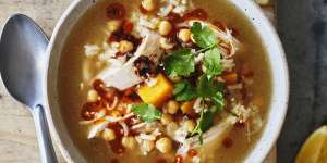 Danielle Alvarez’s chicken,pumpkin,chickpea and rice soup with spiced chilli oil.