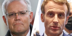 Scott Morrison and French President Emmanuel Macron,who called the Australian Prime Minister a liar.