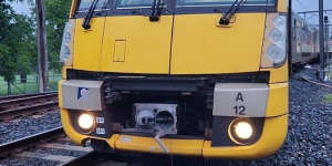 The derailed passenger train at Clarendon in Sydney’s outer west on Thursday.