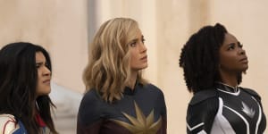 Iman Vellani (left) as Ms Marvel,Brie Larson as Captain Marvel,and Teyonah Parris as Captain Monica Rambeau in The Marvels.