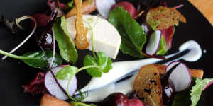 Smoked eel parfait with beetroot and horseradish cream.