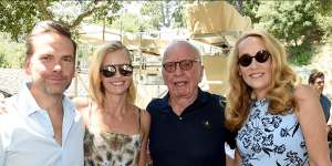 Happier times:Lachlan and Sarah Murdoch with Rupert Murdoch and Jerry Hall at a family lunch in Bel Air in 2019.