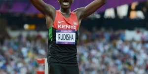 Kenya's gold medallist David Rudisha celebrates after winning the men's 800m final during the London 2012 Olympic Games.