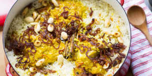 Chicken biryani with almonds,saffron and rosewater.