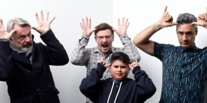 Waititi,at right,with Hunt for the Wilderpeople actors,from left,Sam Neill,Rhys Darby and Julian Dennison.