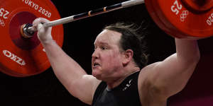 Laurel Hubbard competes at the Tokyo Olympics in the women’s over 87kg weightlifting category.