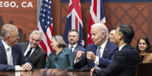 Prime Minister Anthony Albanese,US President Joe Biden and UK Prime Minister Rishi Sunak at an AUKUS announcement in March 2023.