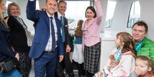 Better days:Transport for NSW secretary,Rodd Staples,centre,with Transport Minister Andrew Constance,left,and Premier Gladys Berejiklian at the opening of Sydney’s first metro rail line in May 2019.