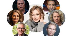The great contenders:Leigh Sales,centre,with (clockwise from top left) Stan Grant,Waleed Aly,Laura Tingle,Hamish Macdonald,David Speers and Patricia Karvelas. 