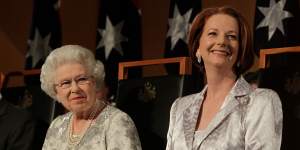 Julia Gillard,then prime minister,accompanied the Queen at a reception at Parliament House in Canberra in 2011.