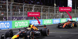 Max Verstappen for Red Bull (DRS on as seen by rear wing being open) leads Charles Leclerc for Ferrari (DRS off) during the F1 Grand Prix of Saudi Arabia in March.