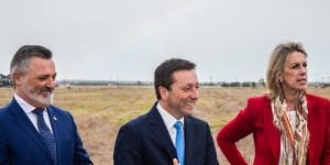 Opposition Leader Matthew Guy (centre) and health spokeswoman Georgie Crozier have unveiled billions in health promises in the lead up to the Victorian election.