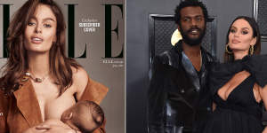 Nicole Trunfio on the cover of Elle magazine with son Zion in 2015,and with her husband,musician Gary Clark Jr. 