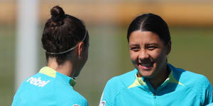 Sam Kerr during a Matildas training session earlier today.