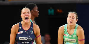 Kate Moloney celebrates the Vixens victory over the West Coast Fever.