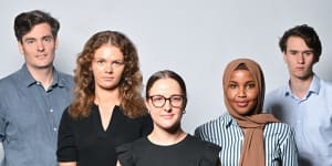 The Age’s most recent trainees (from left) – Jackson Graham,Carla Jaeger,Nell Geraets,Najma Sambul and Lachlan Abbott – now work in reporting roles across the newsroom. 