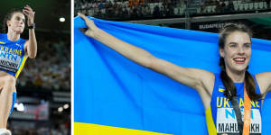 Proud Ukrainian Yaroslava Mahuchikh on her way to a gold medal (inset) and with it draped around her neck.