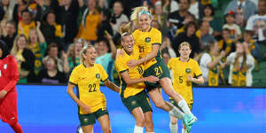 The Matildas celebrate Ellie Carpenter’s 19th-minute goal.