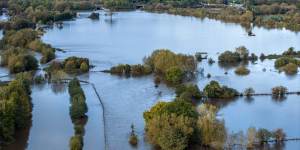 An aerial view of flooded fields near Derby rugby Club after the River Derwent burst its banks in Derby,United Kingdom. 
