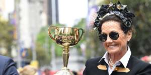 Amanda Elliott,chair of the VRC,with the Melbourne Cup trophy in 2017.