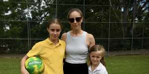 Kim Hardwick plays soccer with her two girls,Elliot,11 and Marlowe,7.