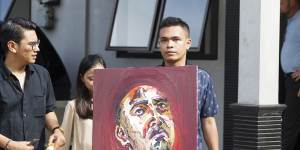 A self portrait by Myuran Sukumaran is taken to Wijaya Pura in Cilacap. Sukumaran spent most of his last night painting.