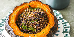 Roasted pumpkin with spiced brown rice and brisket.