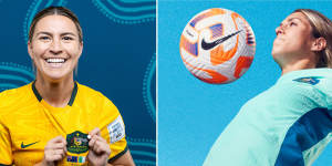A tale of two jerseys:Steph Catley of Australia in the home jersey;Katrina Gorrey in the Matilda’s away jersey.