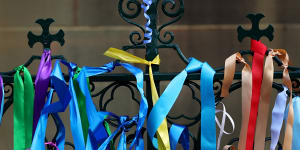 Ribbons in support of abuse survivors.