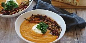 Roasty-toasty:Spiced carrot and sweet potato soup with toasted seeds and roasted carrots.