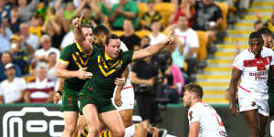 Australia's Boyd Cordner celebrates a try against England in the 2017 World Cup.