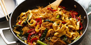 Stir-fried glass noodles with egg ribbons.