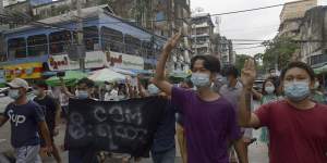 Anti-coup protesters during a demonstration against the military takeover,in Yangon,Myanmar,on Monday,May 24.