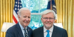 Kevin Rudd,right,with US President Joe Biden in the Oval Office.