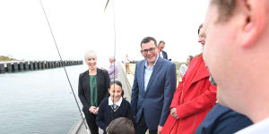 Premier Daniel Andrews promoting fishing alongside wife Catherine (left) in October 2018. 