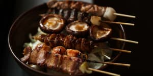 The Chaco six – assorted skewers of chicken crackling,thigh and heart,shiitake,pork belly and lamb shoulder.