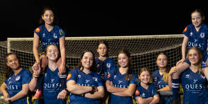 The number of girls taking up soccer is soaring,including at Diamond Valley United Soccer Club. From left:Suné Du Plessis,Makayla O’Shea,Olive Mary Wilson,Laura Bertazzon,Lydia Maye Natoli,Charlise O’Shea,Elise Whitney,Jasmine Peters,Macey Davies and Lucy Buckley. 