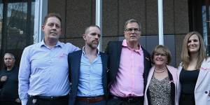 Lynette’s nephew David Jenkins (left) with family after the verdict including Lynette’s brother Greg Simms (centre).