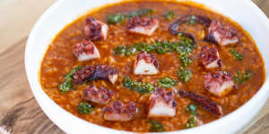 Octopus with rice and tomato.