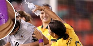 Sam Kerr wore a purple wristband last week against Jamiaca,scrawled with the message:‘Pay my friends!’