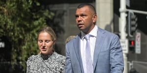 Kurtley Beale outside court with his wife Maddi Beale.
