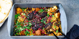 Middle Eastern one-tray wonder with lamb koftas,torn falafel and a bed of dates and grains.