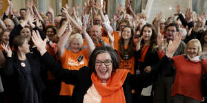 Independent MP Cathy McGowan celebrating with supporters after delivering her valedictory speech in the House of Representatives at Parliament House on April 4,2019. 