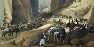 A depiction by army surgeon James Atkinson of British troops entering Afghanistan through the Bolan Pass in 1839. They were massacred in a retreat to the Khyber Pass three years later.