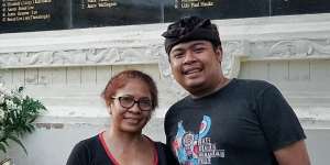Made Bagus Aryadana,right,with his mother Ni Luh Erniati at the Bali bombings monument.