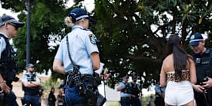 A file image of an attendee and police at the Field Day Festival in Sydney in January 2020.