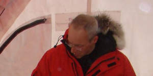 Inside the drill tent with the ice core.