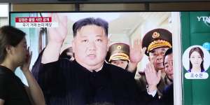 A TV screen shows an image of North Korean leader Kim Jong-un’s departure from Pyongyang,North Korea for Russia ast month.