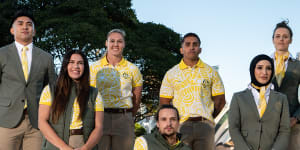 Athletes at the Commonwealth Games uniform unveiling at Admiralty House,Sydney. Top:Ridge Barredo,Weightlifting;Sharni Williams,Rugby 7’s;Maurice Longbottom,Rugby 7’s;Ellie Cole,Para-swimming. Bottom:Charlotte Caslick,Rugby 7’s;Jake Lappin,Para-athletics;Tina Rahimi,Boxing.