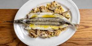 Garfish with pipis and fregola.